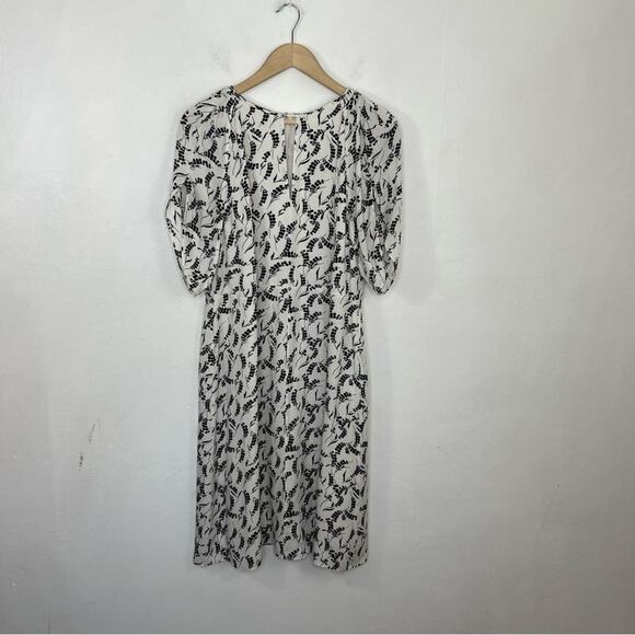 Lewit Black White Floral Silk Slit Neck Tulip Sleeves Dress Size 14 - Picture 12 of 16